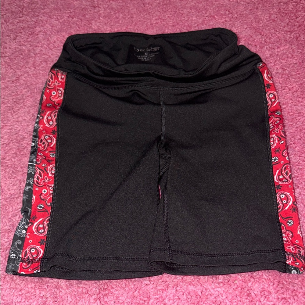 bebe Black Bike Shorts with Red Bandana Side Panels